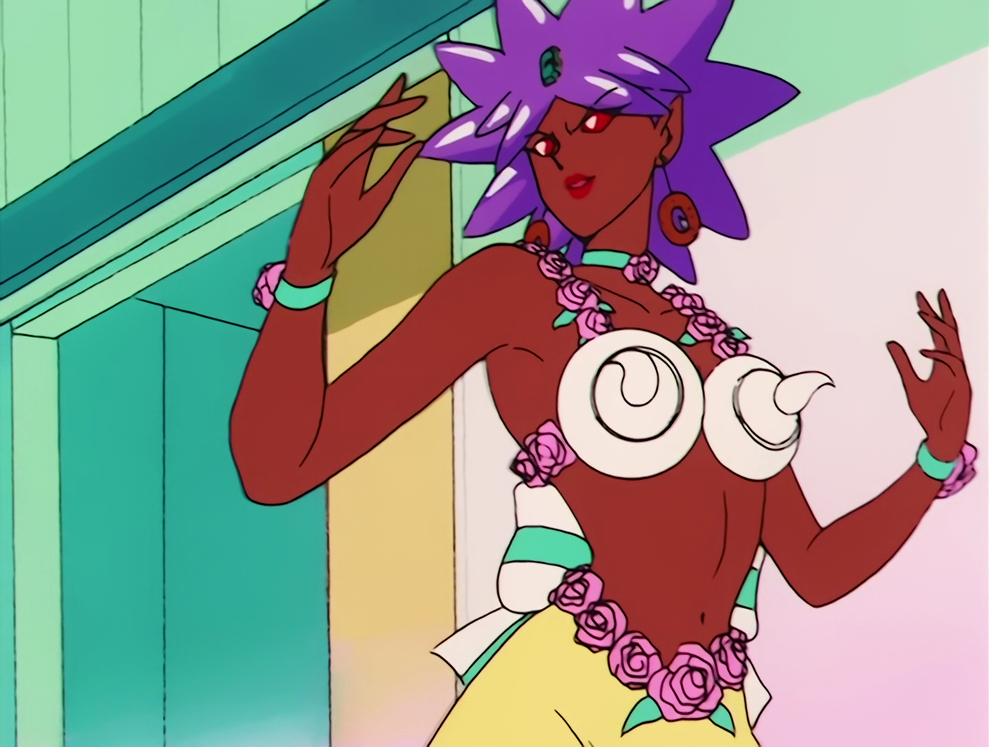 Marzipan, a Droid from Sailor Moon episode 76. She has brown skin, red eyes and star-shaped turquoise hair. Most of her clothing seems to be made of cake decorations. This includes pink sugar roses and a bra that looks like two of those white swirly things. Also she has donuts for earrings, that’s probably my favorite bit of this whole design.
